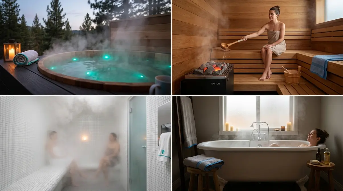 Four-panel comparison of hot tub, sauna, steam room, and hot bath heat therapy environments