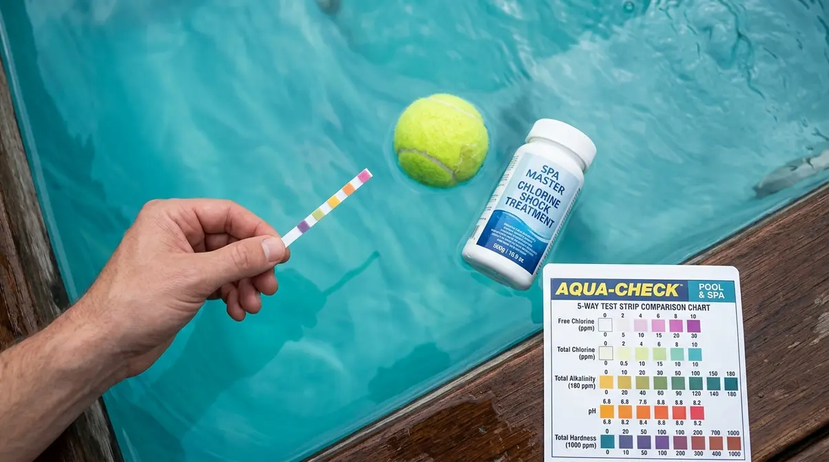 Hot tub water test strip being used to check chlorine levels affected by sweat and body oils