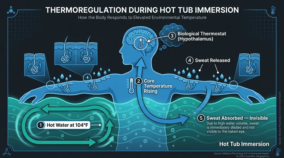 Diagram showing hypothalamus triggering sweat glands during hot tub immersion as core temperature rises to 104°F