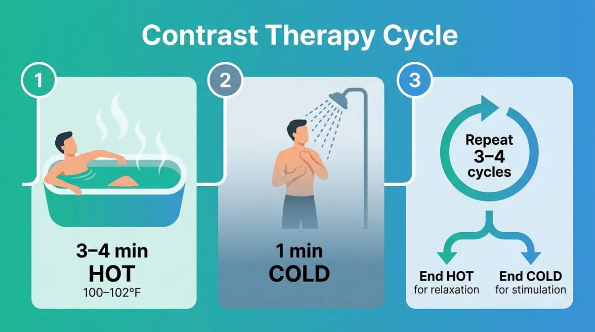 Contrast therapy cycle diagram alternating hot tub and cold shower for enhanced muscle recovery