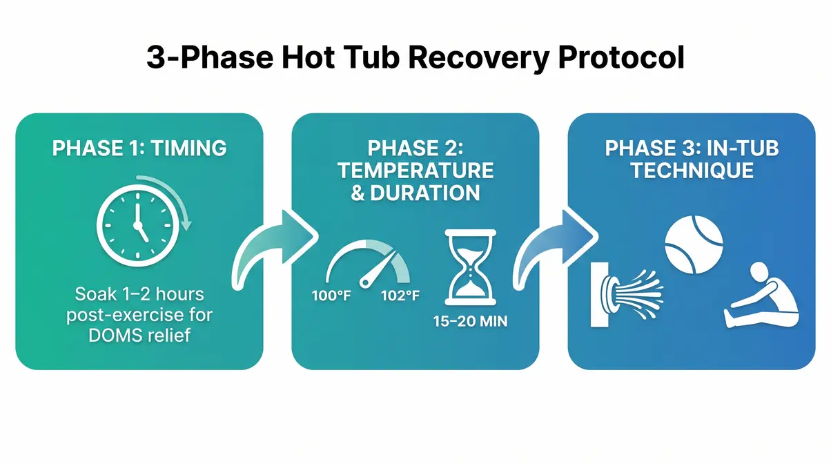 Three-phase hot tub recovery protocol timeline showing timing, temperature, and in-tub technique steps
