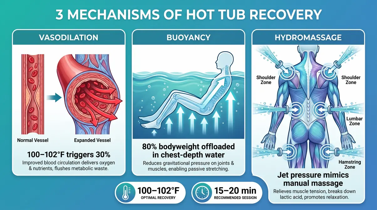 Hot tub sore muscles infographic showing three recovery mechanisms: vasodilation, buoyancy, and hydromassage