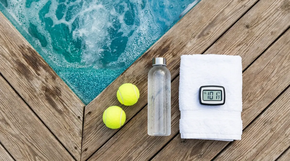 Hot tub recovery protocol setup with tennis balls, water bottle, and towel for structured muscle relief session