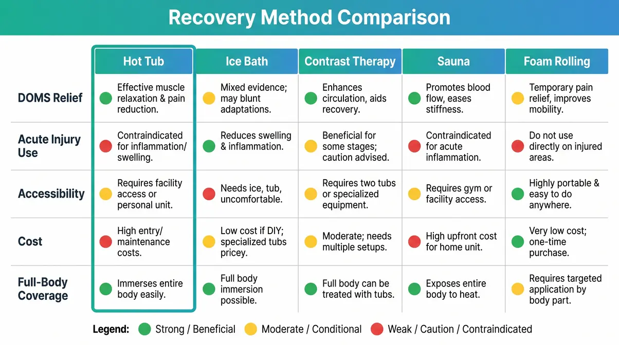 Comparison chart of recovery methods including hot tub, ice bath, contrast therapy, sauna, and foam rolling