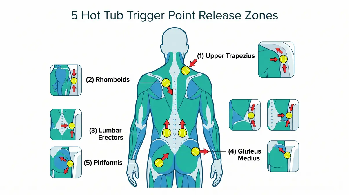 Anatomical diagram showing hot tub trigger point release locations for sore muscles using the tennis ball method