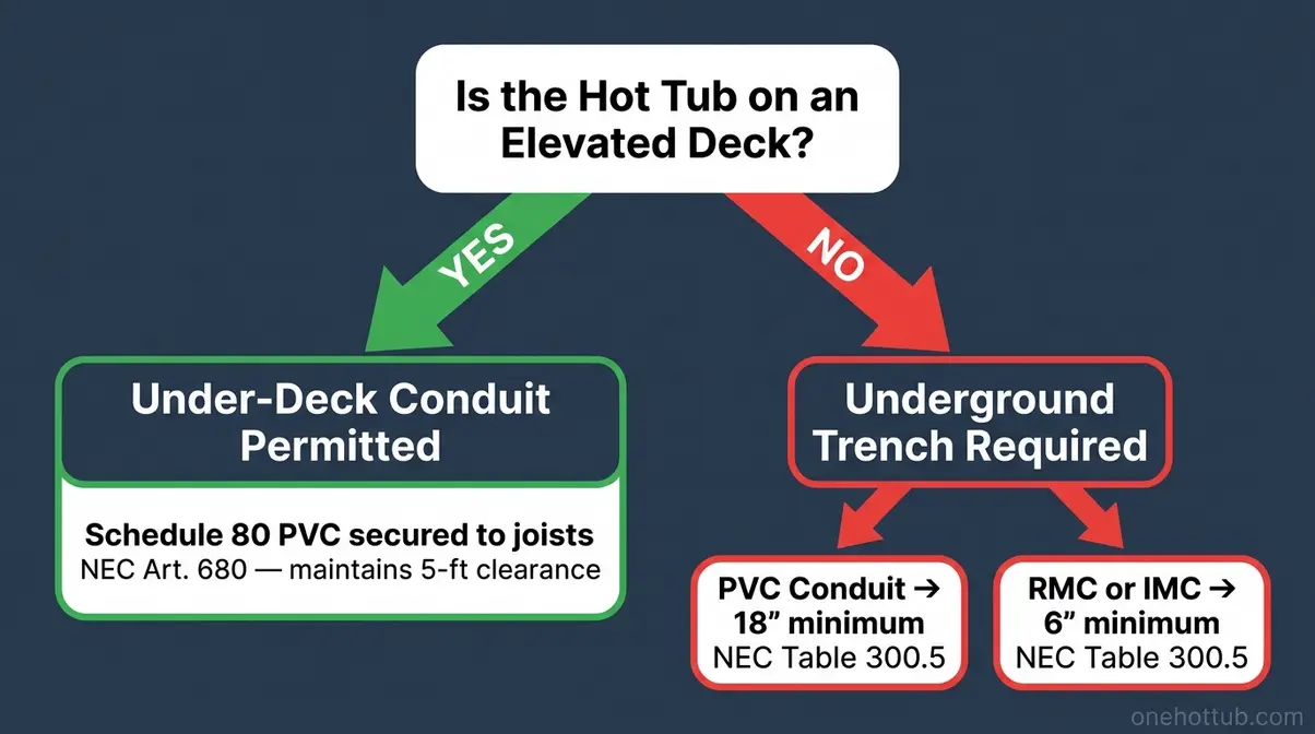Does Hot Tub Wiring Need to Be Buried? NEC Code Guide 6 Hot tub wiring deck routing versus underground conduit burial decision flowchart with NEC code references