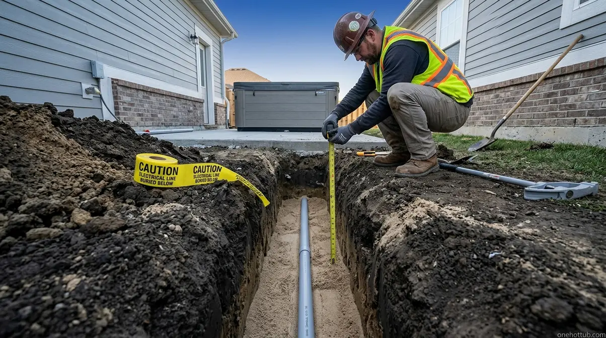 Does Hot Tub Wiring Need to Be Buried? NEC Code Guide 4 Electrician measuring 18-inch trench depth for hot tub PVC conduit installation with warning tape