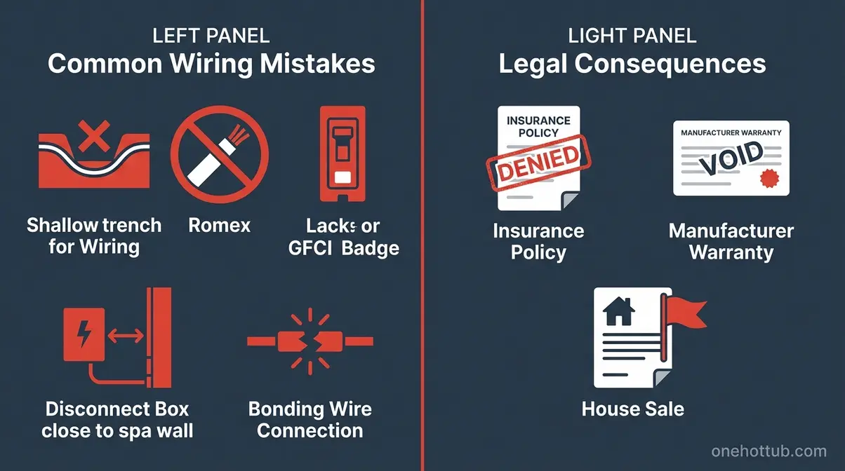 Does Hot Tub Wiring Need to Be Buried? NEC Code Guide 8 Hot tub wiring mistakes and legal risks including insurance denial warranty void and failed inspection