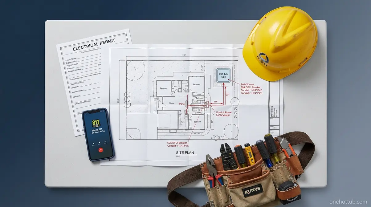 Does Hot Tub Wiring Need to Be Buried? NEC Code Guide 1 Hot tub wiring prerequisites including electrical permit, site plan, and 811 utility locate call