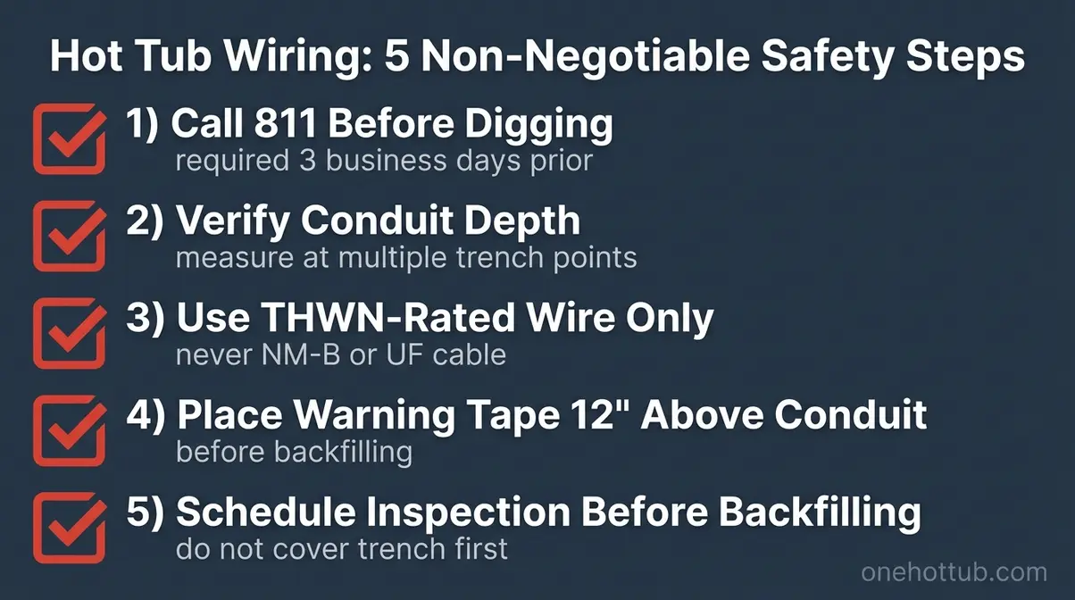 Does Hot Tub Wiring Need to Be Buried? NEC Code Guide 5 Hot tub wiring installation safety checklist five steps NEC compliant including call 811 and THWN wire