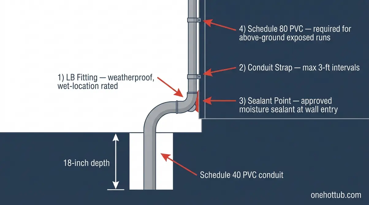 Does Hot Tub Wiring Need to Be Buried? NEC Code Guide 7 LB fitting conduit transition diagram for hot tub wiring from underground PVC to above-ground Schedule 80