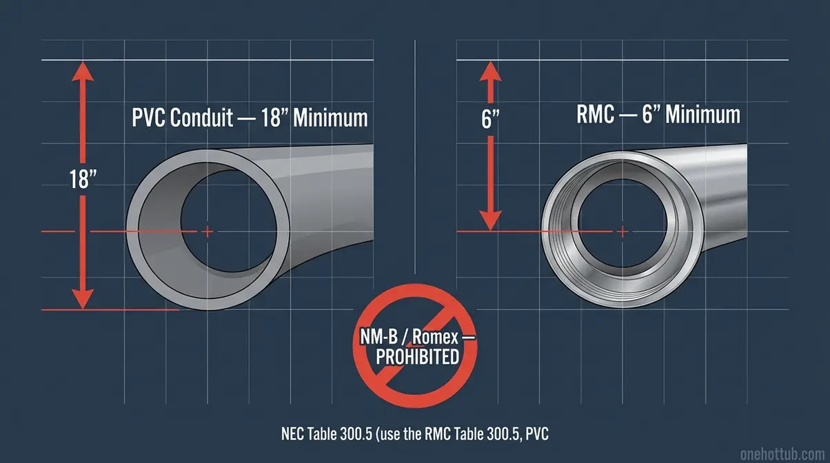 Does Hot Tub Wiring Need to Be Buried? NEC Code Guide 2 NEC burial depth requirements comparison PVC conduit 18 inches versus RMC 6 inches for hot tub wiring