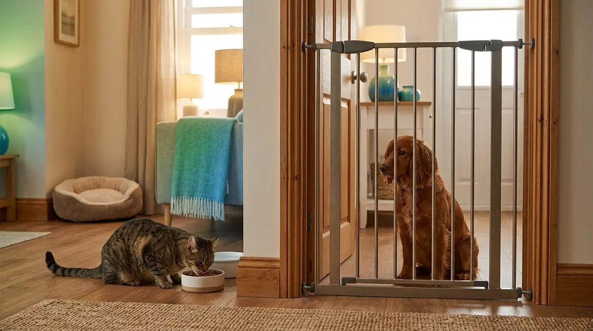 Baby gate installed in doorway creating a dog-free safe zone where a cat eats calmly without being chased