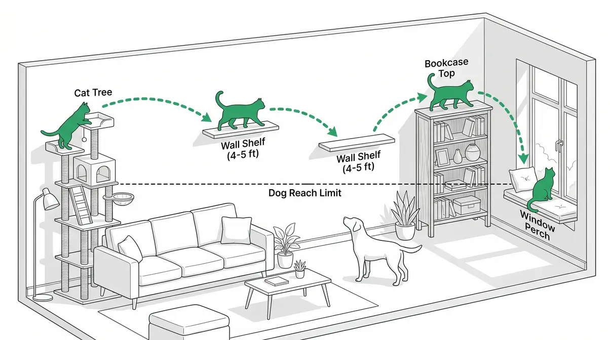 Cat highway room diagram showing wall-mounted shelf route for cat safety in a home with a dog that chases