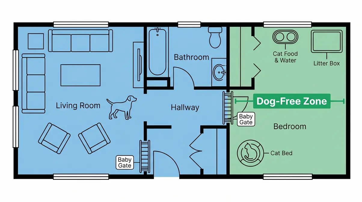 Cat-safe home blueprint floor plan showing baby gate placement and dog-free zones to stop dog chasing cat indoors