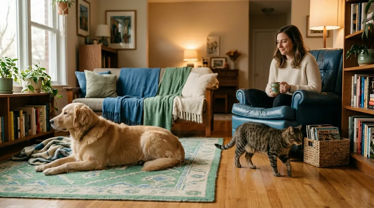 Dog in calm down-stay posture while cat moves freely across the room, showing training progress and setback management