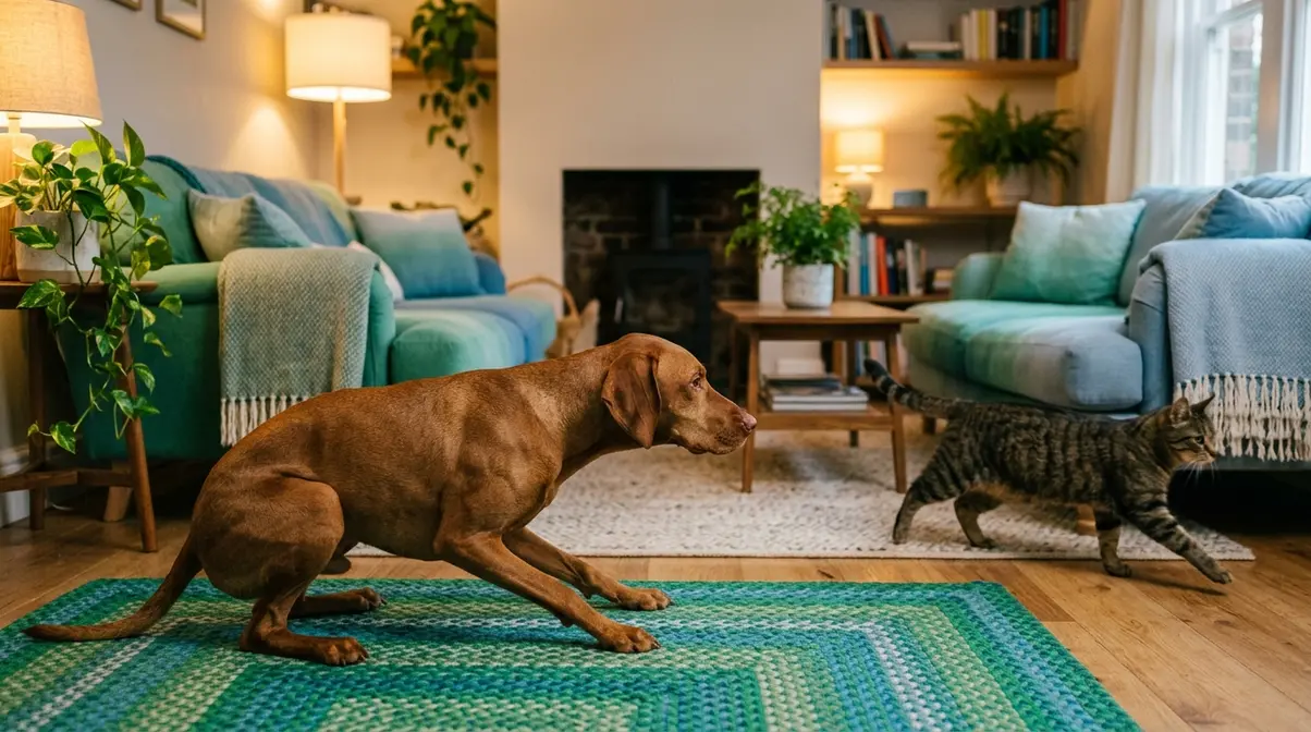 Dog in alert prey drive posture watching a moving cat indoors, illustrating why dogs chase cats inside the house