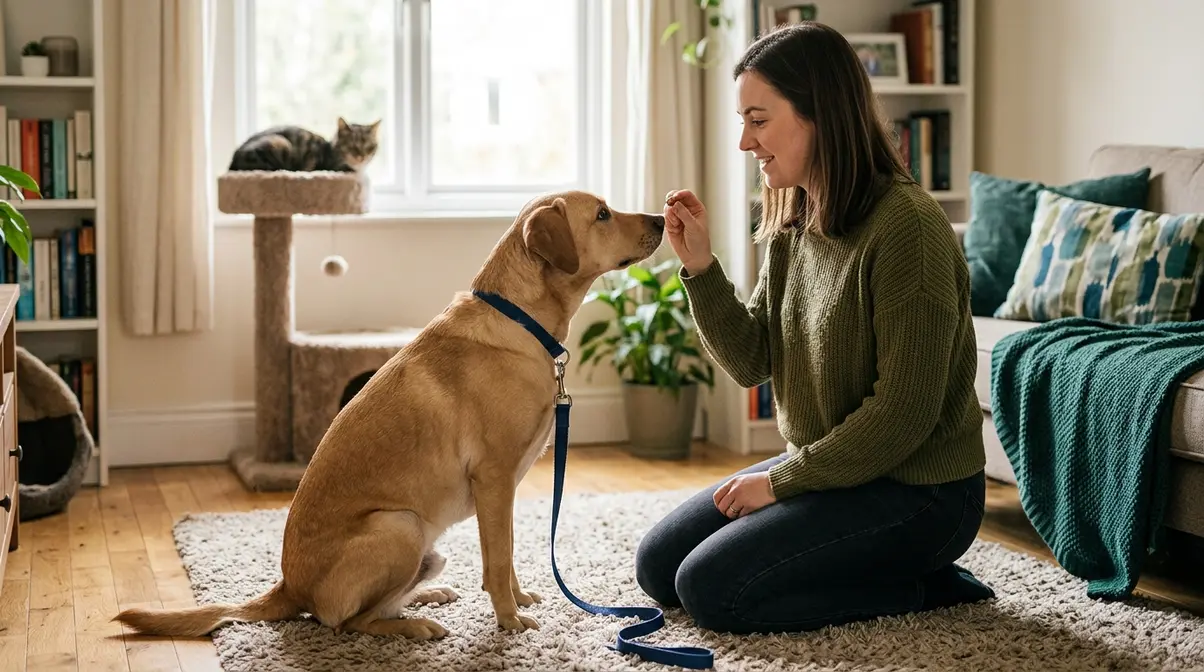Person training dog with treats using positive reinforcement while cat rests calmly in background indoors