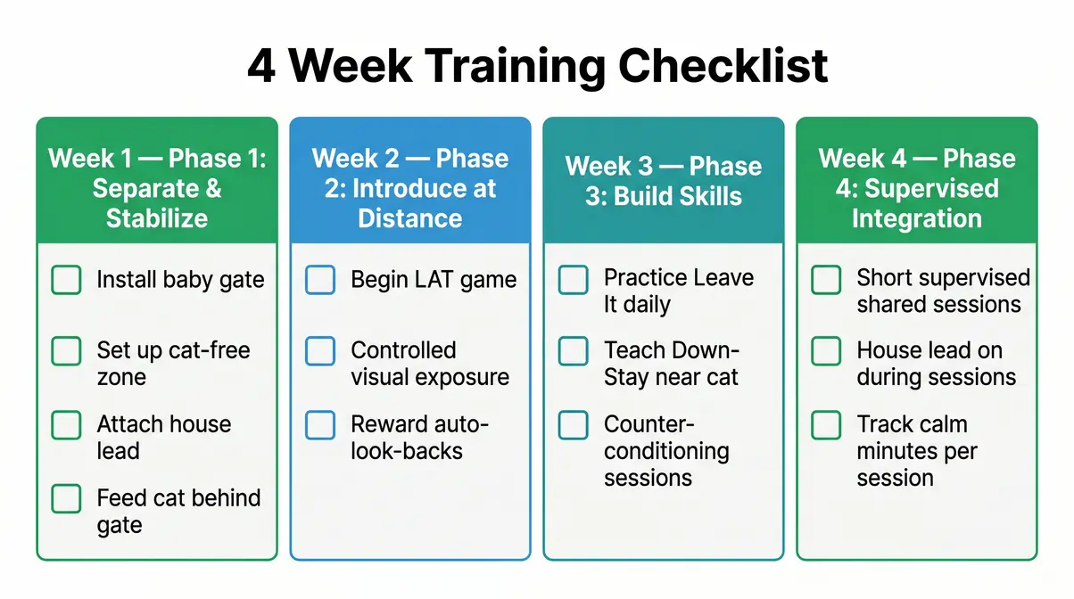 4-week training checklist infographic for the 4-Phase Peace Protocol to stop dog from chasing cat indoors