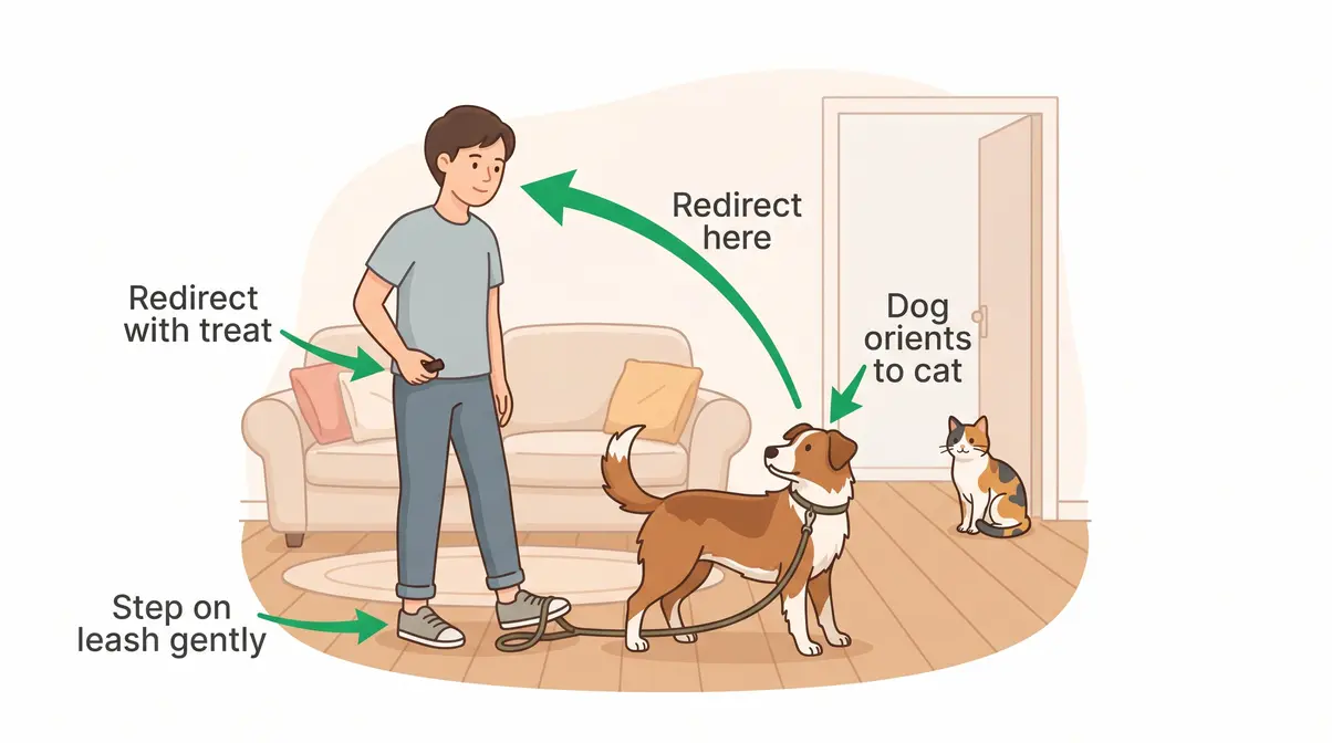 House lead training illustration showing how to interrupt a dog chasing cat indoors by stepping on a dragging indoor leash