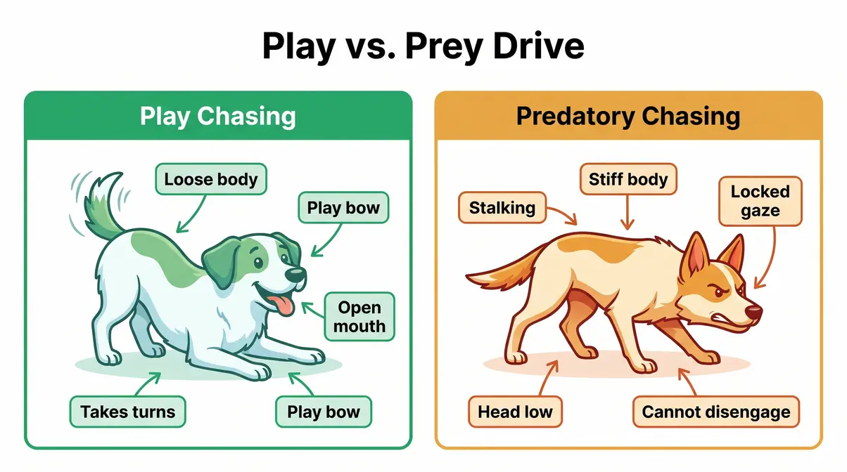 Dog body language chart comparing play chasing versus predatory prey drive signals for indoor cat chasing