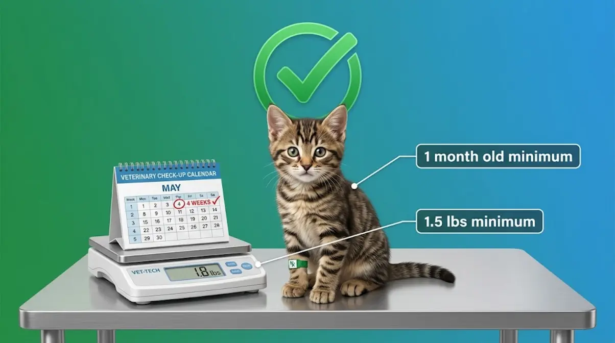 Healthy kitten beside scale showing minimum weight and age requirements for Drontal safety