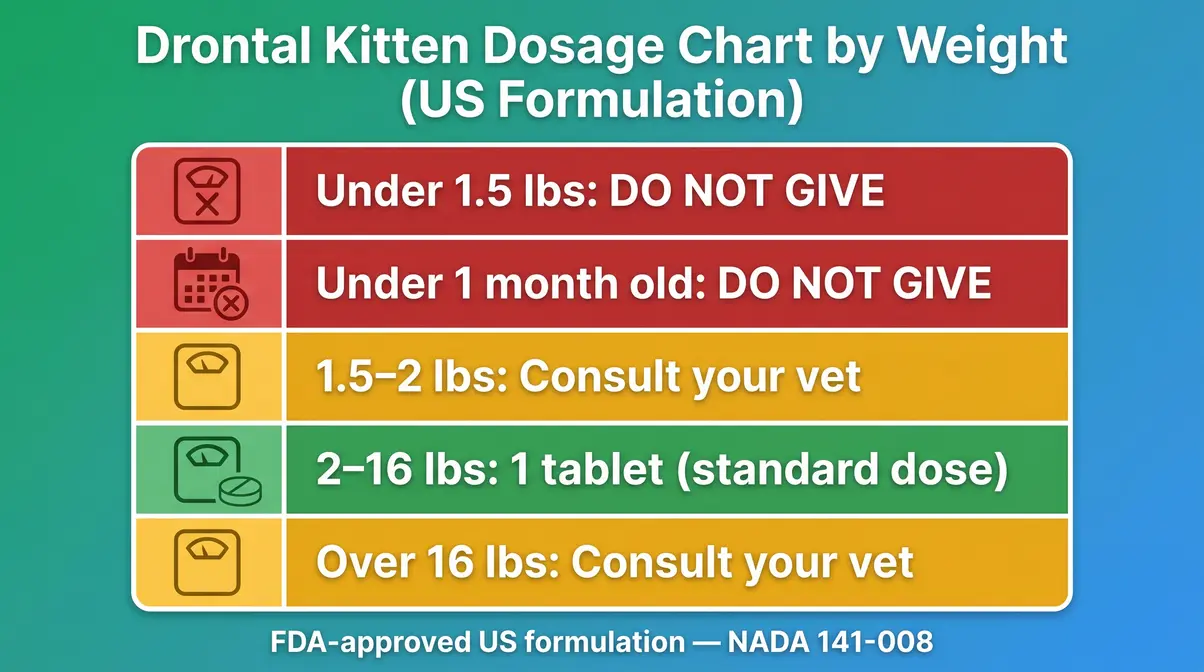 Weight-based dosage chart for drontal for kittens showing safe dose ranges by weight