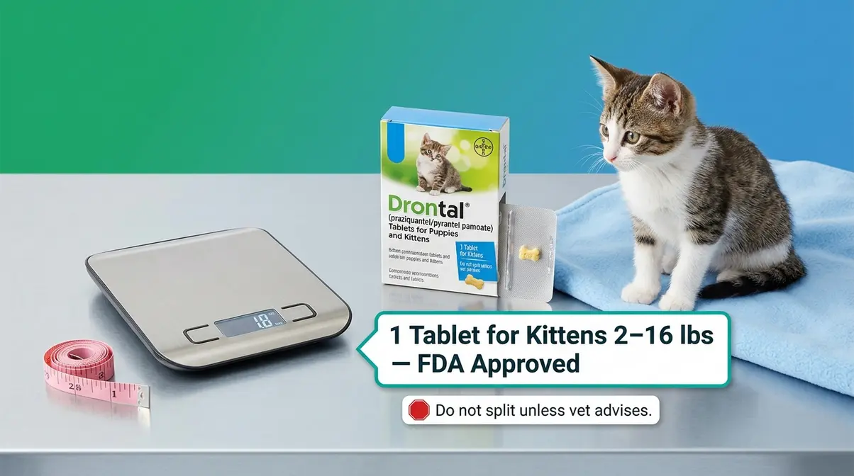 Drontal kitten dosage visual showing one tablet covers kittens from 2 to 16 pounds
