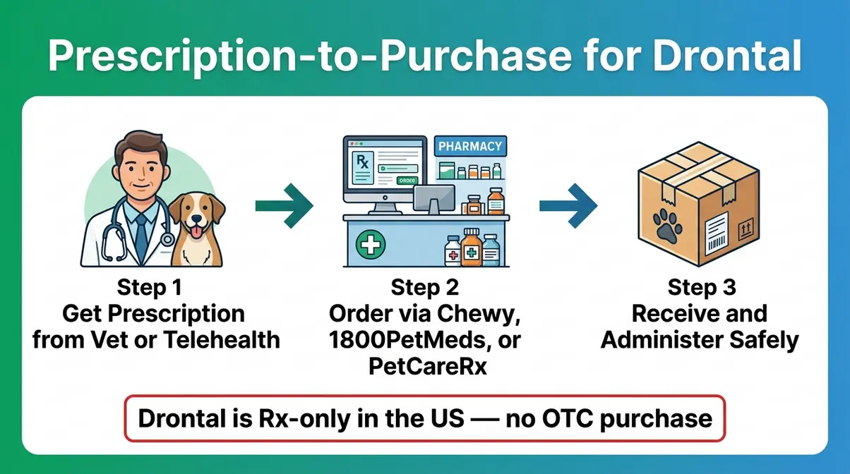 Three-step guide showing how to get a Drontal prescription and purchase it for kittens