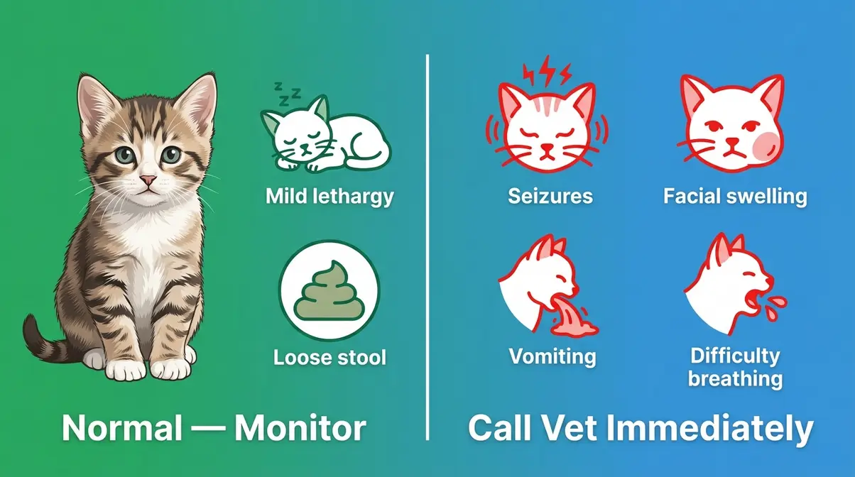 Drontal side effects comparison showing normal reactions versus emergency warning signs for kittens