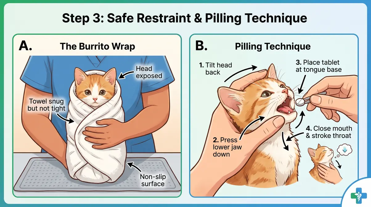 Illustrated diagram showing how to safely restrain a kitten and administer a Drontal tablet