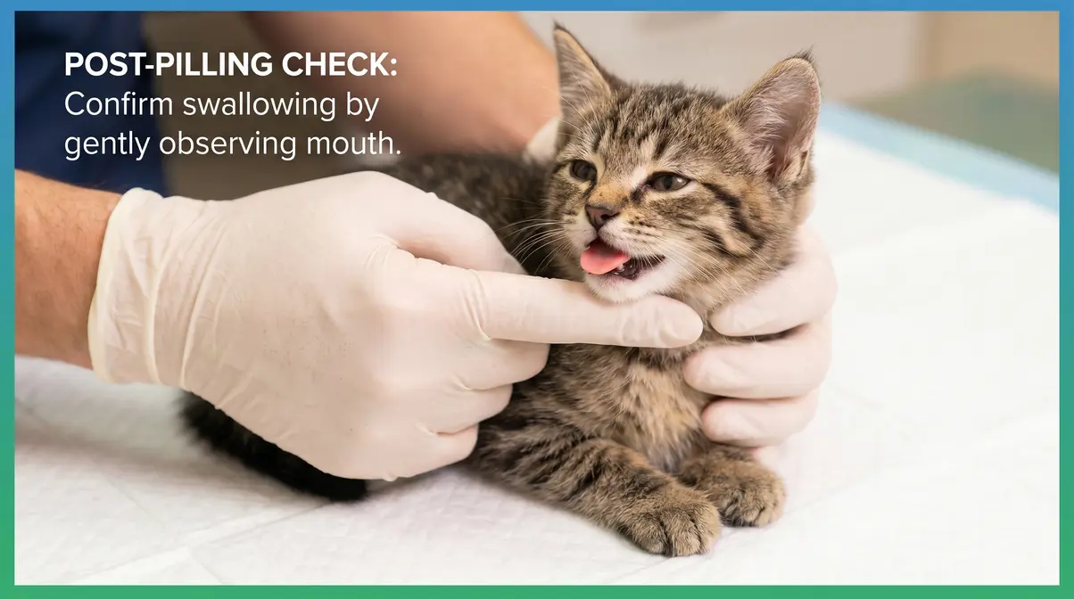 Owner checking kitten's mouth after administering Drontal tablet to confirm it was swallowed