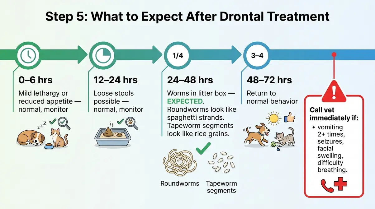 Illustrated timeline showing what to expect in kitten's litter box after Drontal treatment