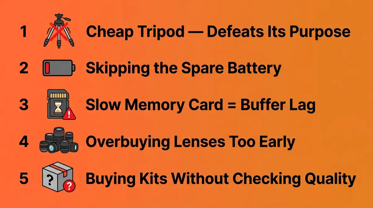 Five common DSLR camera accessory mistakes beginners make including cheap tripods and slow memory cards