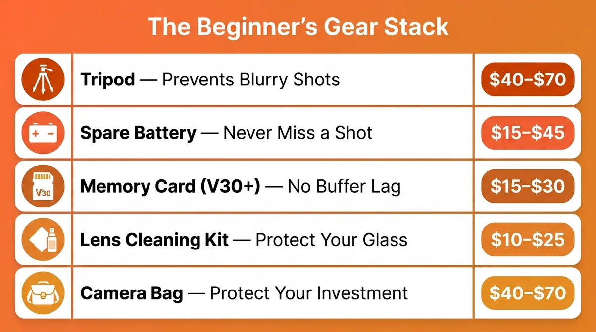 DSLR camera accessories starter kit infographic showing tripod, battery, memory card, bag, and cleaning kit essentials