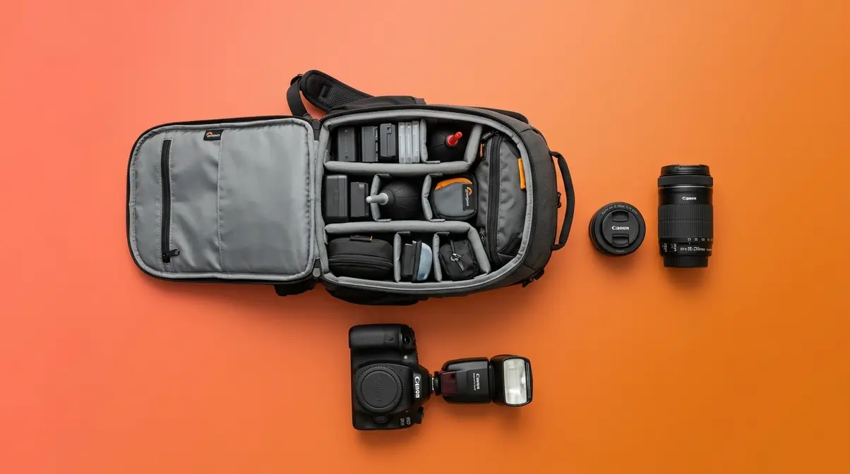 DSLR camera bag, additional lenses, and external flash accessories arranged in a studio flat-lay