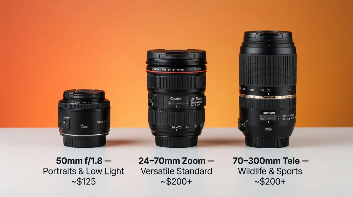 Three essential DSLR lenses: 50mm prime, 24-70mm zoom, and 70-300mm telephoto for beginners