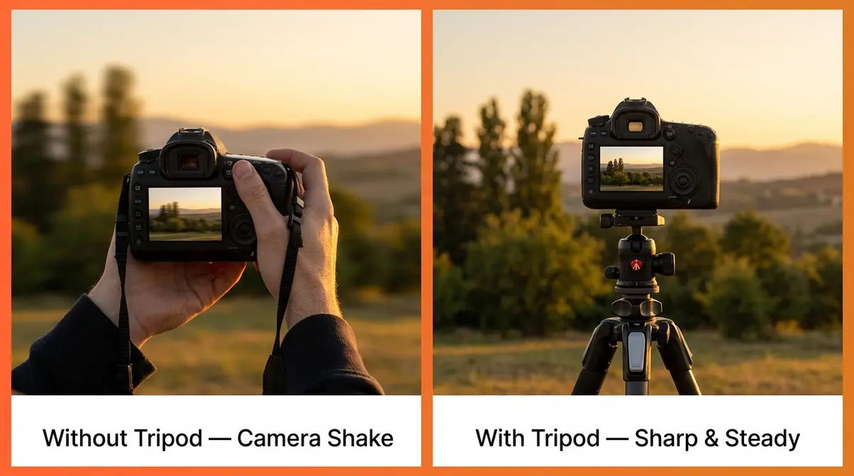 DSLR tripod comparison showing blurry handheld shot versus sharp tripod-stabilized landscape photo
