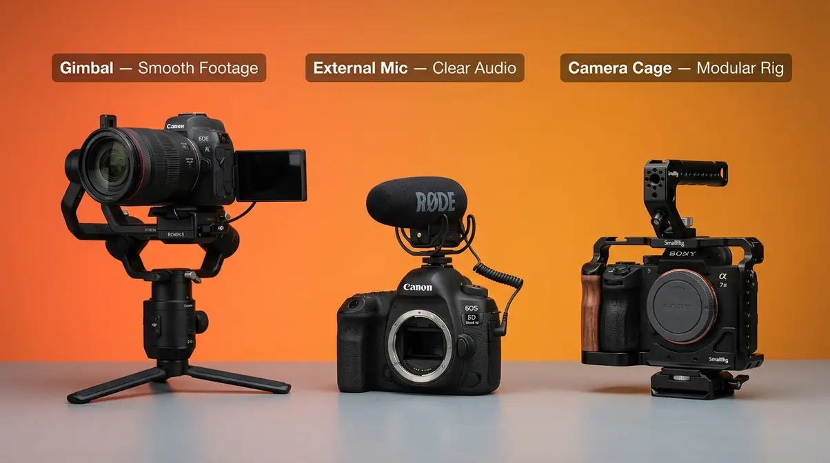 DSLR video accessories including gimbal stabilizer, external microphone, and camera cage for filmmaking