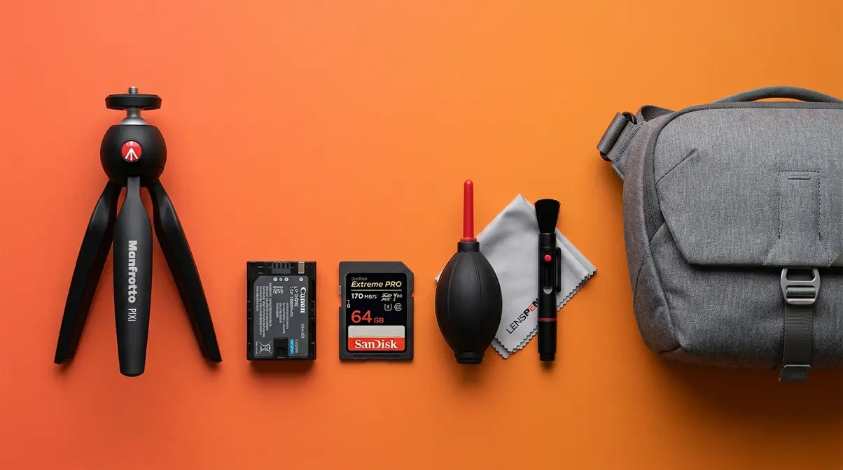 Five must-have DSLR accessories for beginners: tripod, spare battery, memory card, cleaning kit, and camera bag