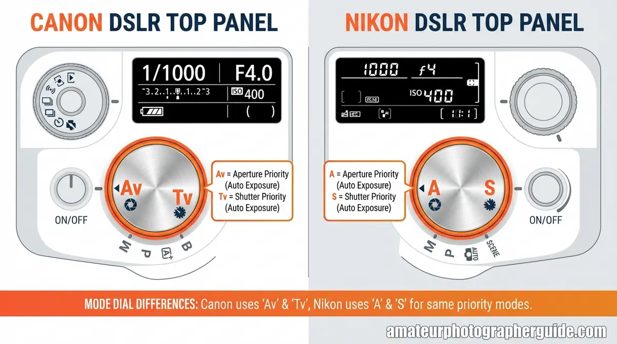 side-by-side comparison of Canon and Nikon DSLR top panel button layouts showing Av vs A and Tv vs S mode labels