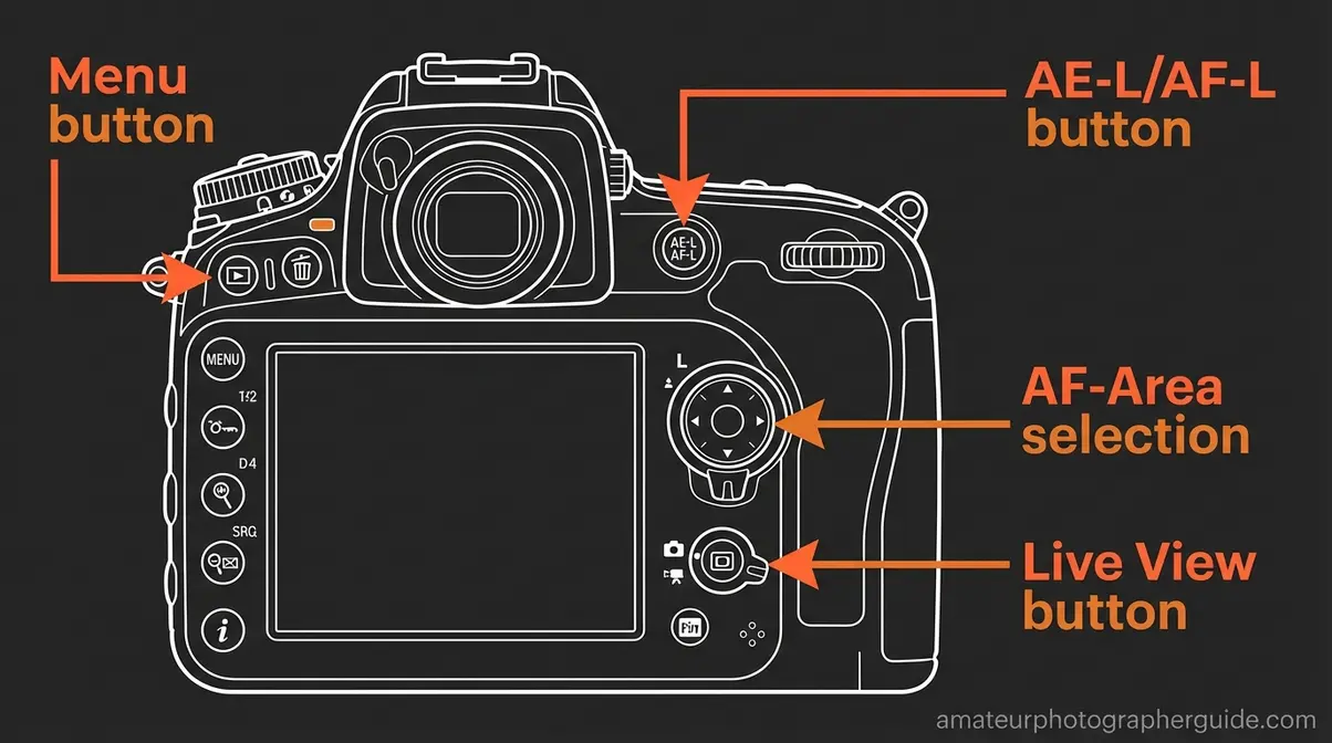 labeled diagram of DSLR back panel showing AF selection, AE-L button, menu, and live view controls explained