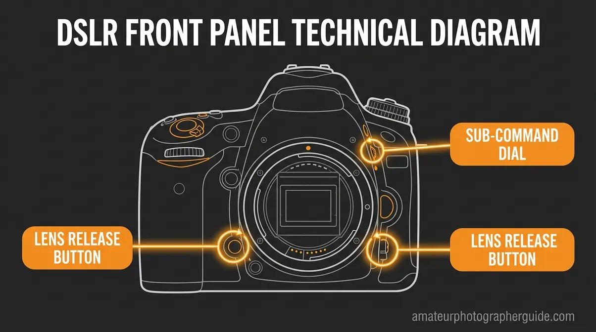 labeled diagram of DSLR front panel showing lens release and sub-command dial for camera controls beginners guide