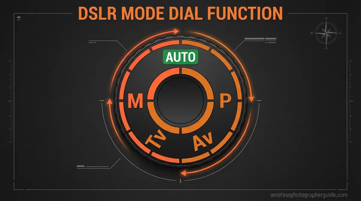 DSLR mode dial showing Auto, P, Av, Tv, and M positions explained for beginner photographers