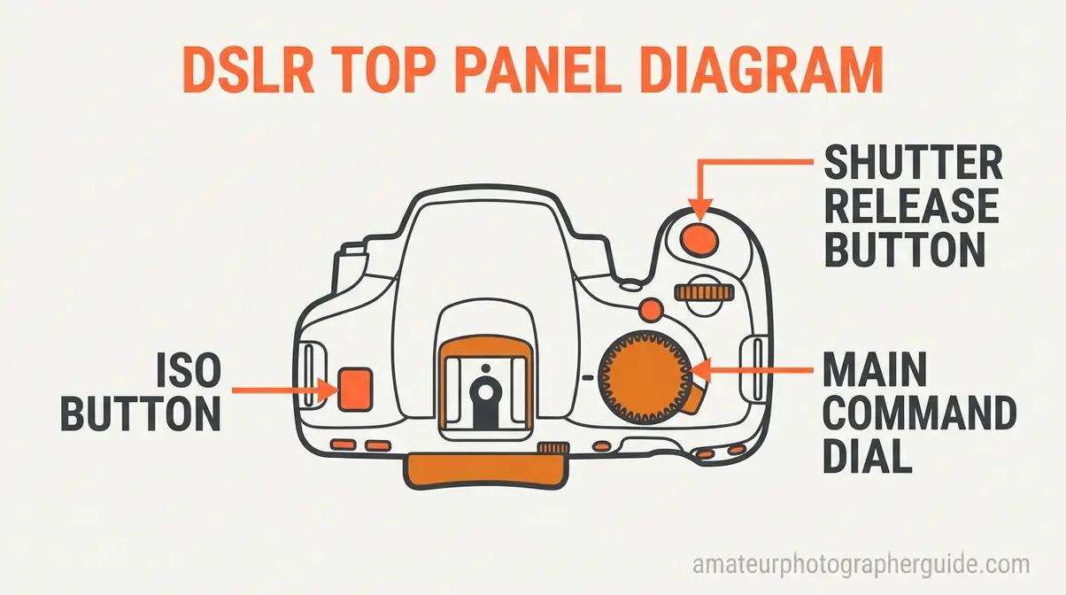 labeled diagram of DSLR top panel showing shutter button, command dial, and ISO button for beginner photographers