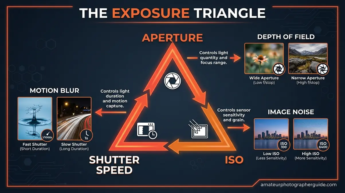 exposure triangle infographic showing the relationship between aperture shutter speed and ISO for DSLR camera controls beginners