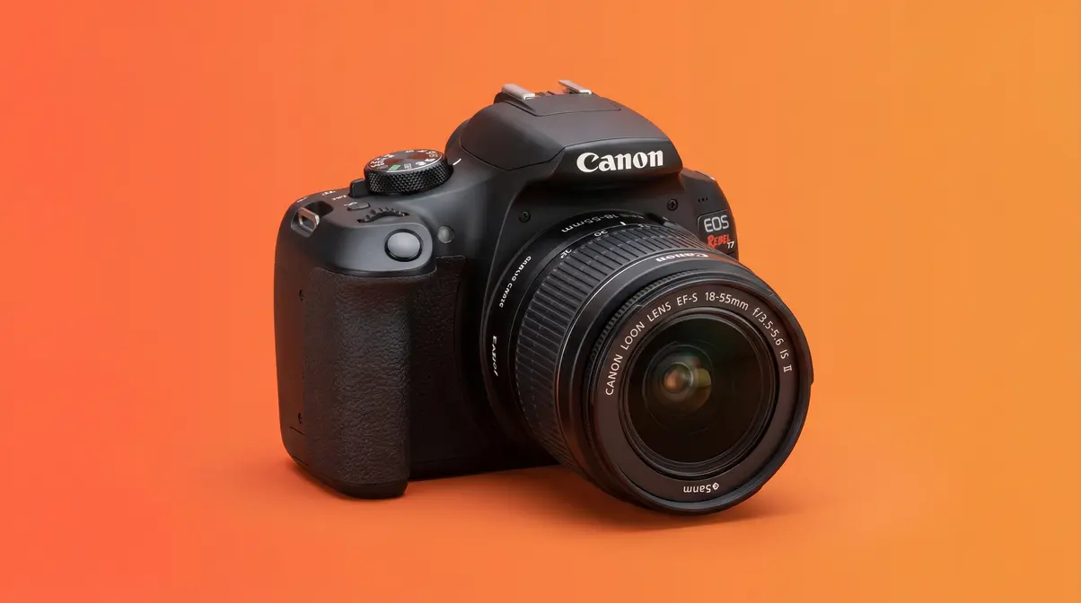 Canon EOS Rebel T7 with 18-55mm kit lens mounted, best new DSLR under $500