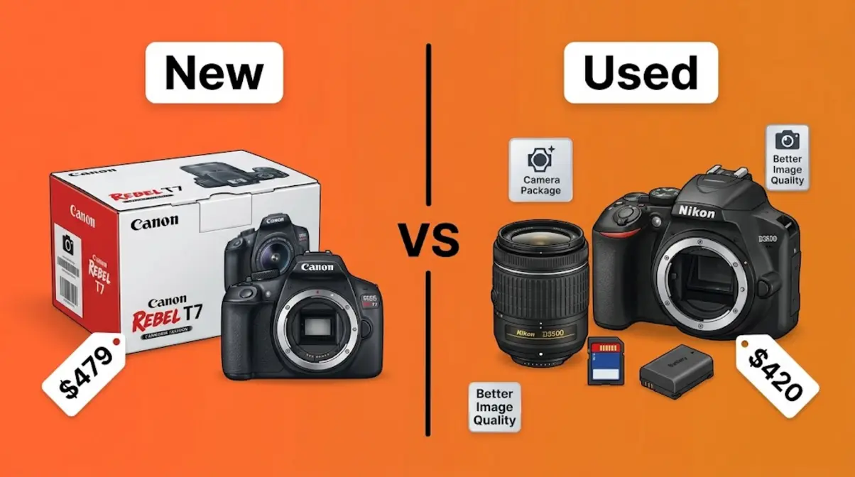 New versus used DSLR camera comparison showing complete kit value for under $500