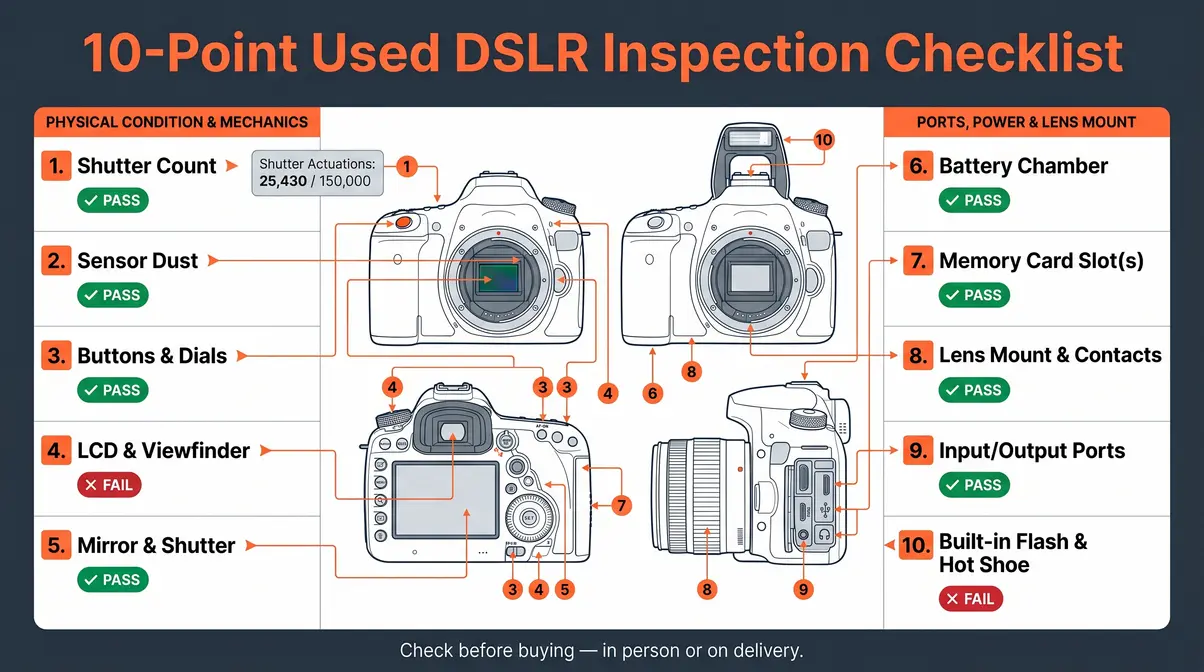10-point used DSLR inspection checklist infographic for buying a camera under $500