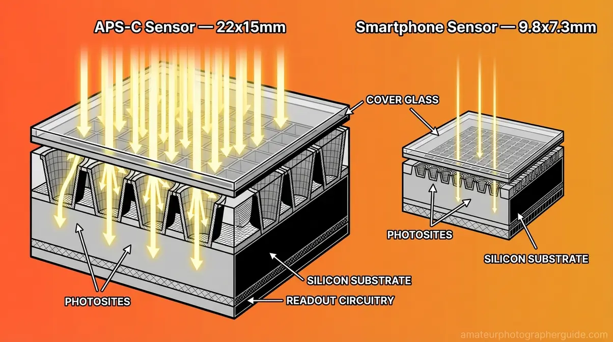 Technical illustration comparing APS-C DSLR sensor versus smartphone sensor light collection capacity side by side